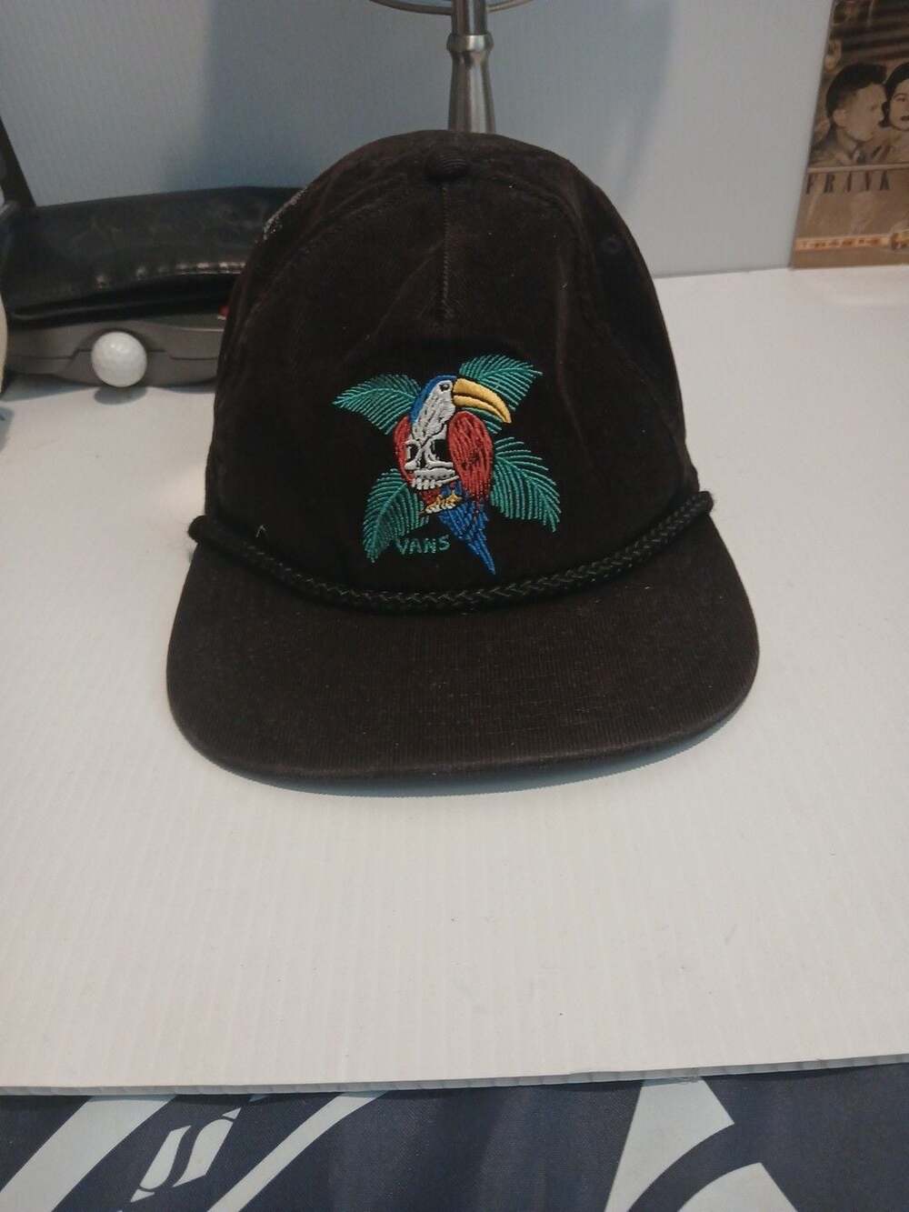Vans Corduroy Snapback Adjustable Hat Black Skull Bird Toucan